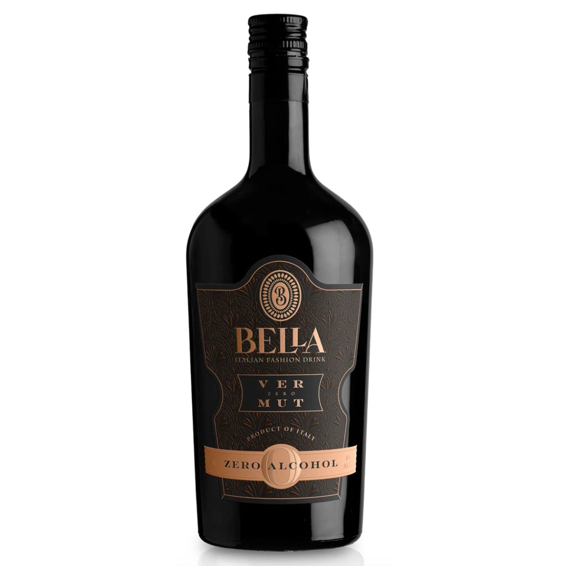 A dark, opaque bottle of Bella Vermut Zero Alcohol Italian Fashion Drink stands upright against a bright white background. The bottle has a sleek, classic shape with a black screw cap. The label is predominantly black with intricate gold and bronze detailing. At the top of the label, a gold-bordered crest with the Bella logo is visible. Below it, "BELLA" is prominently displayed in large gold lettering, with "ITALIAN FASHION DRINK" in smaller gold text directly underneath. The word "VERMUT" is spelled out.