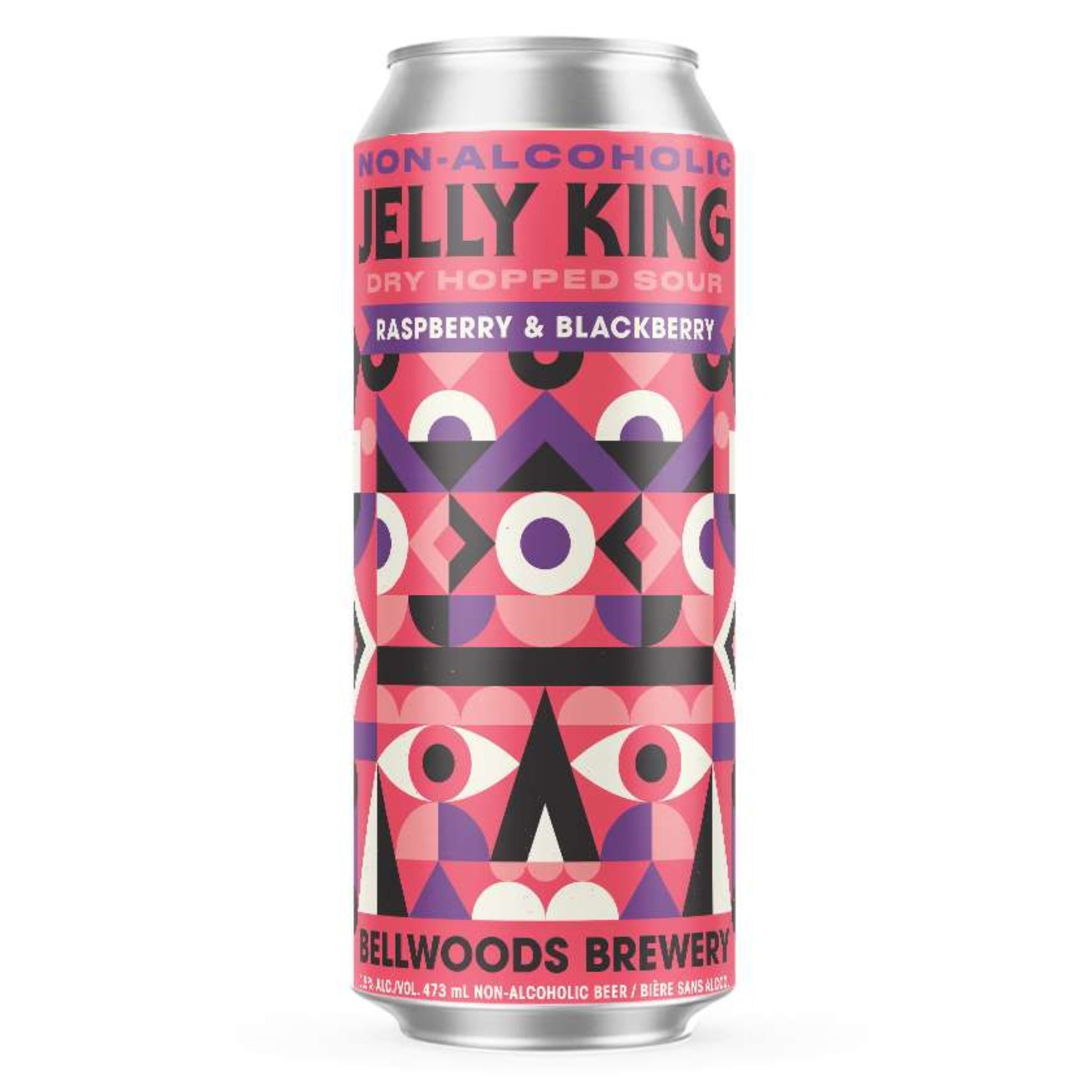 A single, silver aluminum can of Bellwoods Brewery Non-Alcoholic Jelly King Dry Hopped Sour Raspberry & Blackberry stands upright against a plain white background. The can features a vibrant and geometric design using shades of pink, purple, black, and white. The words "NON-ALCOHOLIC" appear in smaller pink lettering above the larger, bold pink text "JELLY KING". Below that, in a smaller purple font, it reads "DRY HOPPED SOUR" and then "RASPBERRY & BLACKBERRY" in a slightly larger pink font.