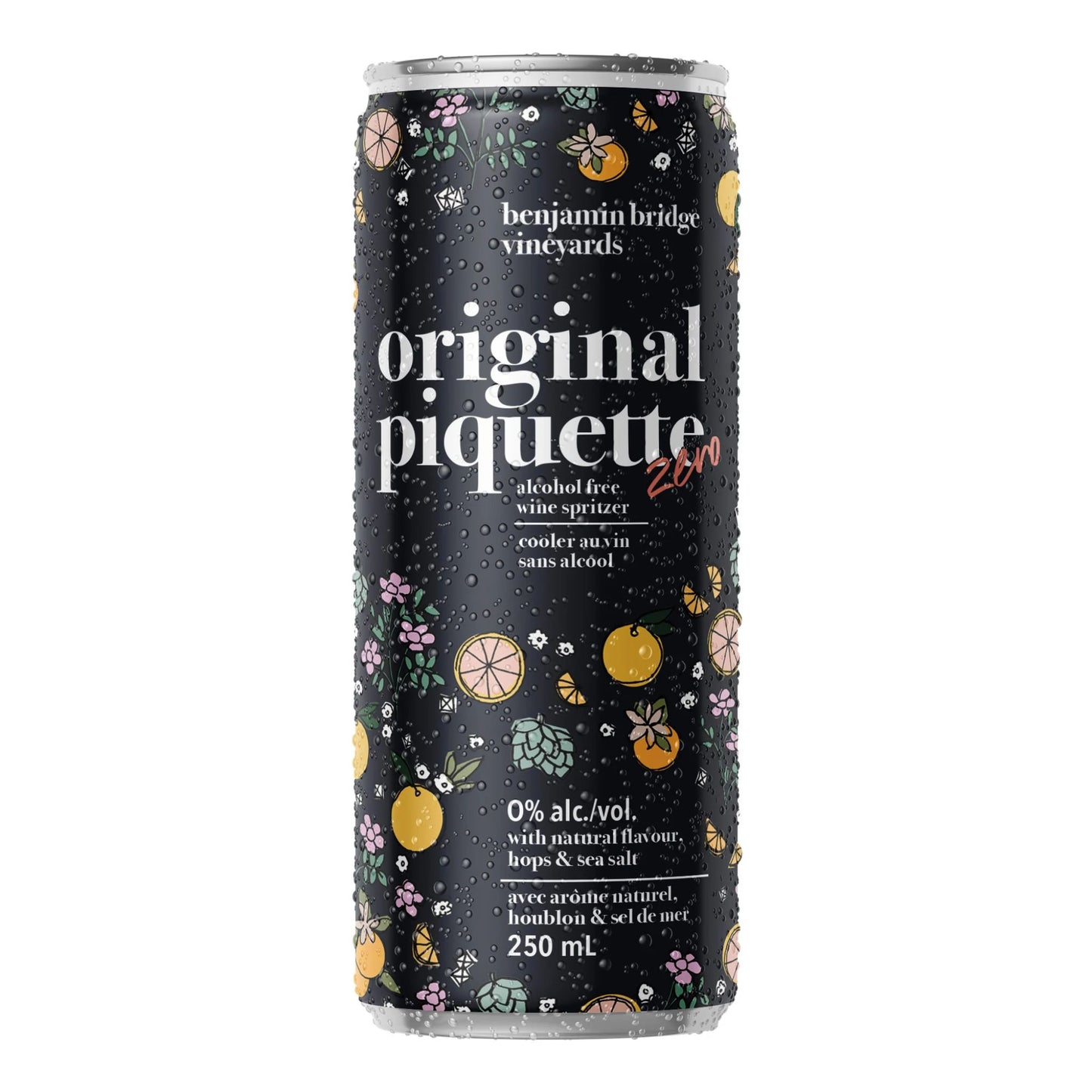 Benjamin Bridge Original Piquette Zero non-alcoholic wine spritzer 250mL slim can on a white background, covered in condensation. The can is primarily black and decorated with a detailed floral, fruit, and hop pattern. Key text reads "Original Piquette Zero," "alcohol free wine spritzer," and lists natural flavour, hops & sea salt as ingredients. Proudly made in Nova Scotia.
Available at Knyota non alcoholic drink in Ottawa. Buy local.
