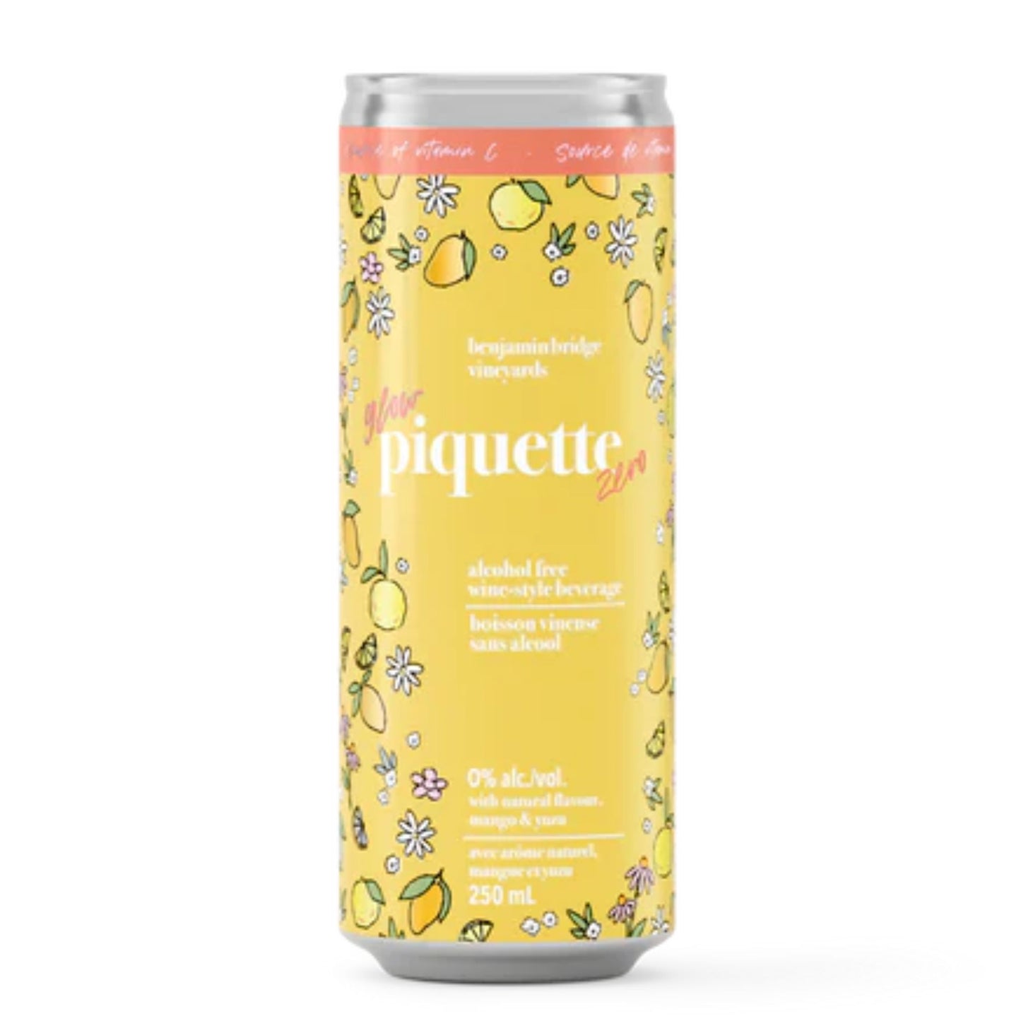 A 250 mL can of Benjamin Bridge Piquette Zero Glow, an alcohol-free wine-style spritzer made with natural mango and yuzu flavours. The can features vibrant yellow packaging decorated with hand-drawn illustrations of lemons, citrus slices, and white flowers, evoking freshness and brightness. The label highlights “0% alc./vol.”, “source of vitamin C,” and “alcohol-free wine-style beverage” in both English and French. Piquette Zero Glow is a sparkling, non-alcoholic drink from Benjamin Bridge Vineyards.