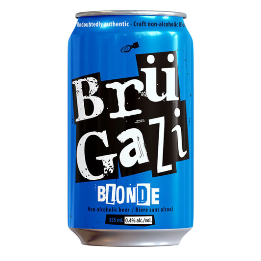 A blue can with a white label featuring the Brü Gazi logo in black and white. The text "Undoubtedly authentic - Craft non-alcoholic Blonde" is also on the label. The can size is 355 mL and the alcohol content is 0.4% ABV.