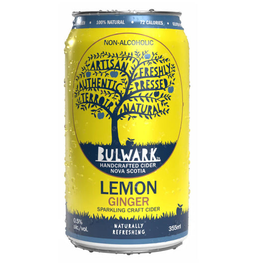 A front-facing view of a bright yellow Bulwark Lemon Ginger Non-Alcoholic Sparkling Craft Cider can, featuring a dark blue tree silhouette illustration and the brand name "BULWARK" with the product name "LEMON GINGER SPARKLING CRAFT CIDER" in a bold blue and white font, highlighting that it is Non-Alcoholic and Naturally Refreshing.