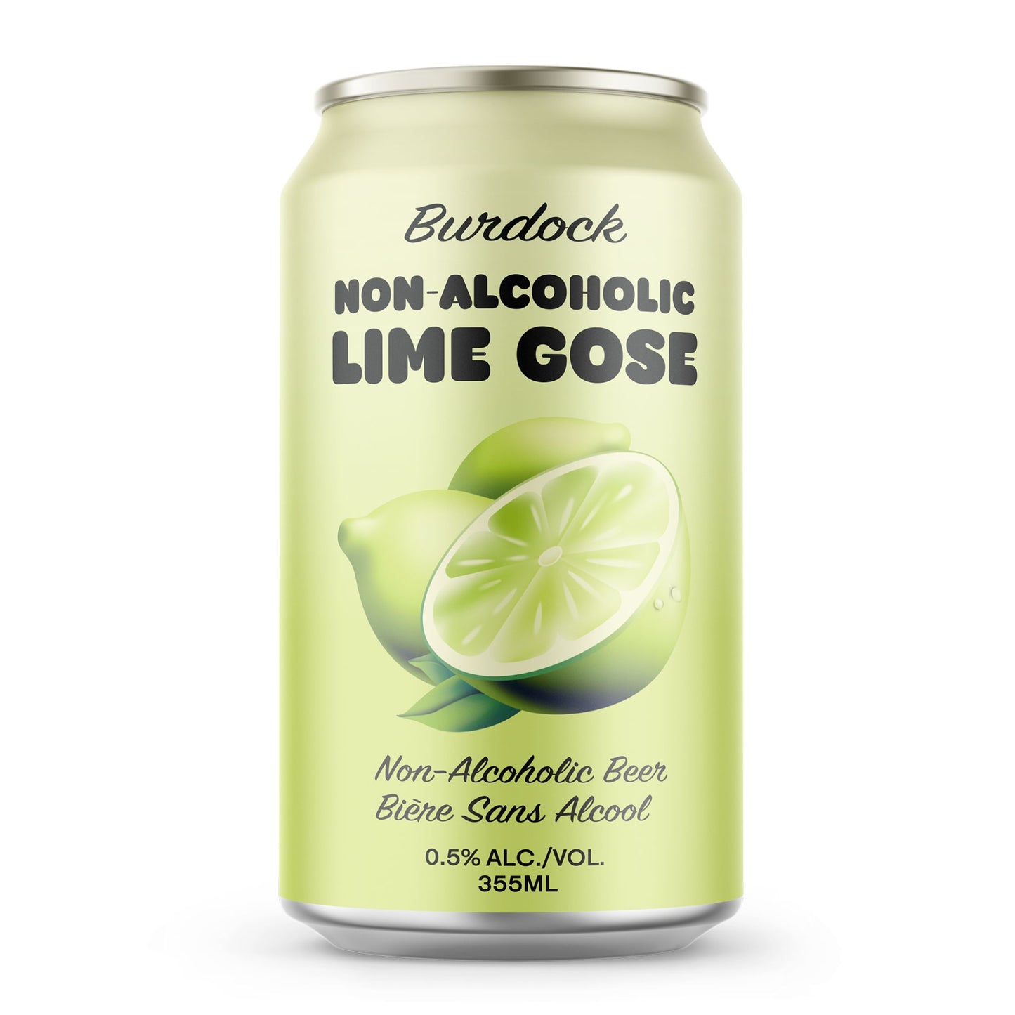 A pale green can of Burdock Brewery Non-Alcoholic Lime Gose. The can's label features a large, detailed graphic of two limes, one whole and one cut in half, with green leaves. "Burdock" is written in black script at the top. Below the brand name, "NON-ALCOHOLIC" is in a plain black font, and "LIME GOSE" is in a bold font. The can specifies "0.5% alc./vol." and "355ML" at the bottom. The background is a solid white.