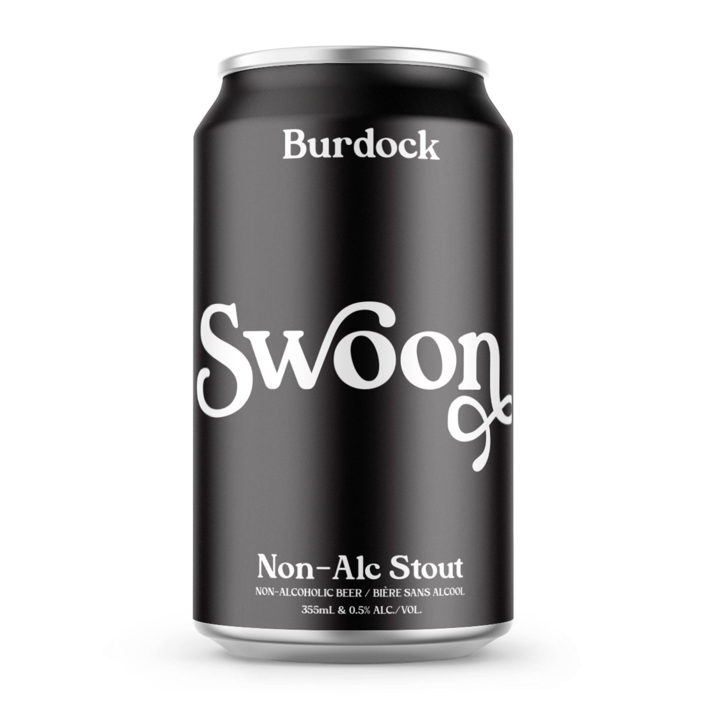 A black can of Burdock Brewery Swoon non-alcoholic stout. The can has a simple, clean design with "Burdock" in a white font at the top. Below, "Swoon" is written in a large, elegant white script. The words "Non-Alc Stout" are printed in a smaller white font, followed by "NON-ALCOHOLIC BEER / BIÈRE SANS ALCOOL" and "355mL & 0.5% ALC./VOL." at the bottom. The background is a solid white.