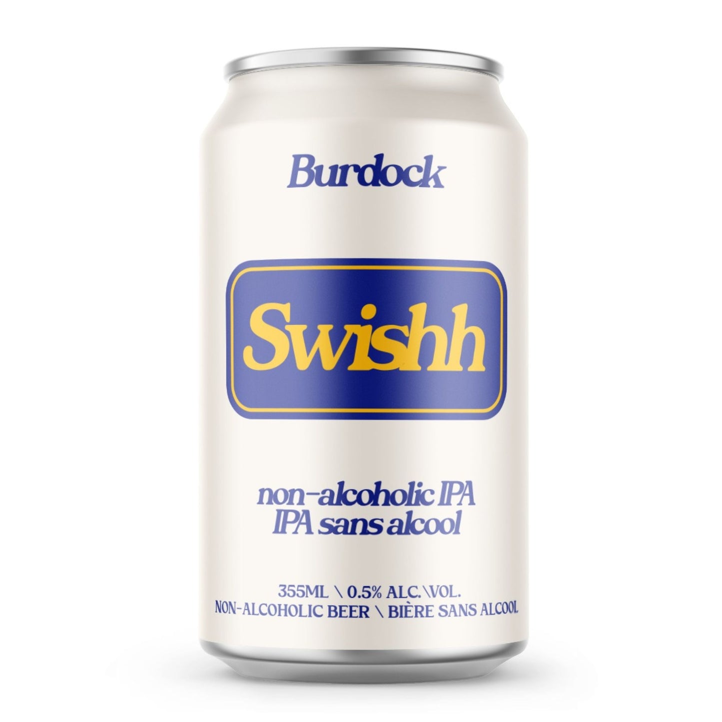 A white can of Burdock Brewery Swishh non-alcoholic IPA. The can has a clean design with "Burdock" in a dark blue font at the top. A rectangular blue box in the center features "Swishh" in a yellow script font. Below this, "non-alcoholic IPA" and "IPA sans alcool" are written in blue. At the bottom, the can specifies "355ml," "0.5% alc/vol," and "NON-ALCOHOLIC BEER". The background is a solid white.