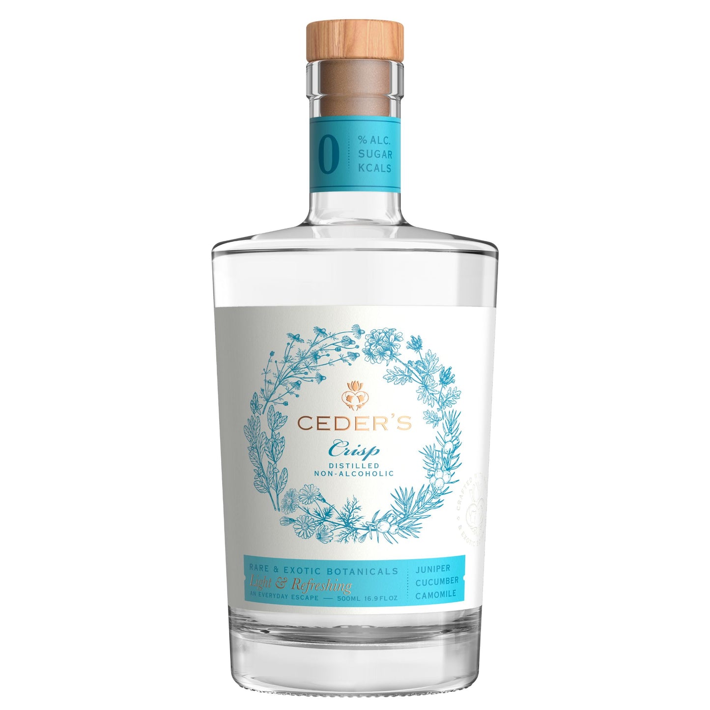 A photo of a bottle of Ceder's Crisp handcrafted with rare and exotic botanicals. Distilled non-alcoholic spirit with juniper, cucumber, and camomile. Ceder's can be bought at Knyota Non-Alcoholic Drinks from knyota.com