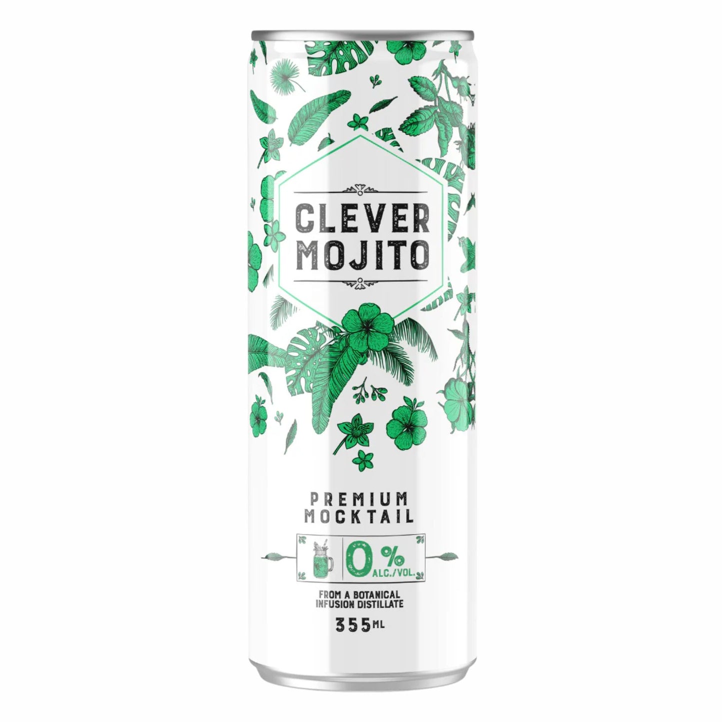 Image of the Clever Mocktails Premium Mojito, a sophisticated non-alcoholic beverage packaged in a sleek, white 355mL aluminum can. The design features a crisp, botanical theme with vibrant green tropical and mint leaves surrounding the central "CLEVER MOJITO" title. Key product details, including "PREMIUM MOCKTAIL" and "0% ALC/VOL", are displayed, highlighting that the drink is crafted from a botanical infusion distillate for a refreshing, zero-proof alternative to the classic cocktail. Made in Quebec.