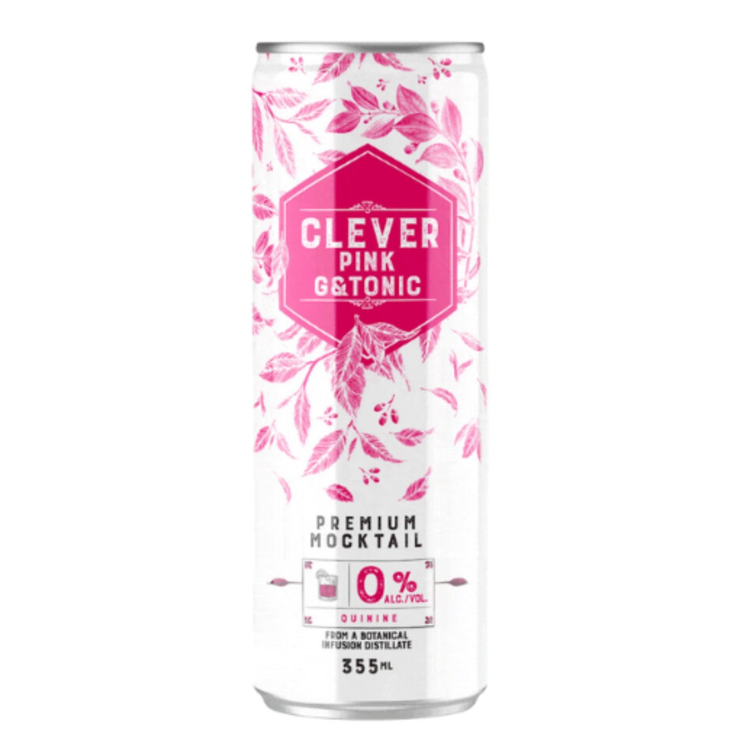 Image of the Clever Mocktails Premium Pink G&Tonic, a sophisticated non-alcoholic beverage packaged in a sleek, white 355mL aluminum can. The design features a vibrant pink and magenta botanical pattern of leaves and sprigs, framing the central "CLEVER PINK G&TONIC" title. Key features, including "PREMIUM MOCKTAIL" and "0% ALC/VOL", are prominently displayed, along with the ingredient QUININE, confirming the drink is crafted from a botanical infusion distillate for a complex, zero-proof pink G&T experience.