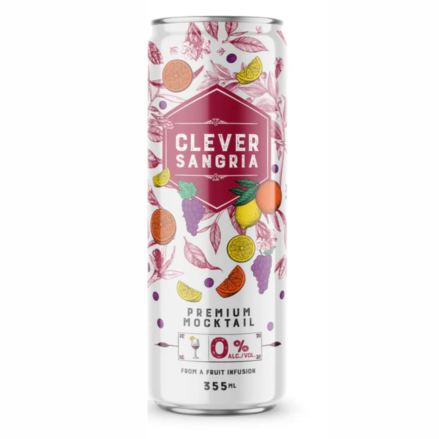 A slim, chilled 355mL aluminum can of CLEVER SANGRIA Premium Mocktail (0% ALC/VOL). This non-alcoholic sangria alternative features a detailed white label accented with deep maroon trim. The central design includes a geometric hexagon and elaborate illustrations of red grapes, sliced oranges, and bright yellow lemons, visually communicating the complex fruit infusion and the premium quality of this zero-proof beverage. Made in Canada.
Available at Knyota Drink in Ottawa.