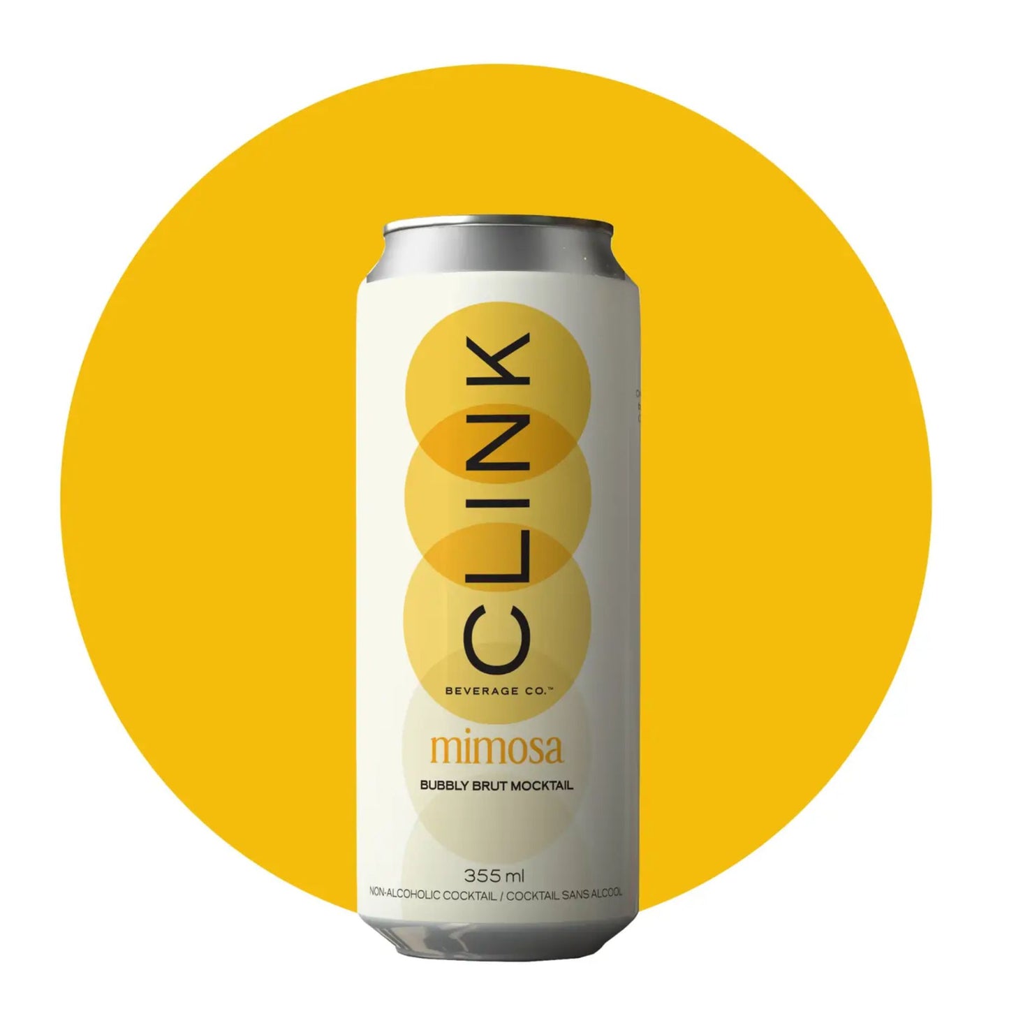 A silver can of Clink Mimosa Bubbly Brut Mocktail with a label featuring the brand name "Clink" in black letters, and a yellow circle behind the can.