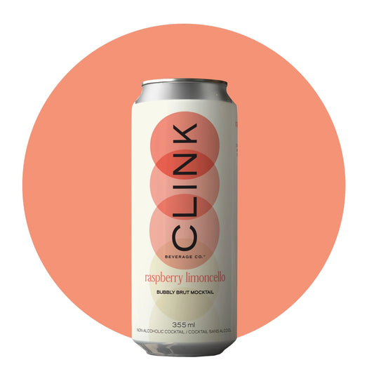A silver can of Clink Raspberry Limoncello Bubbly Brut Mocktail with a label featuring the brand name "Clink" in black letters, and a peach-colored circle behind the can.