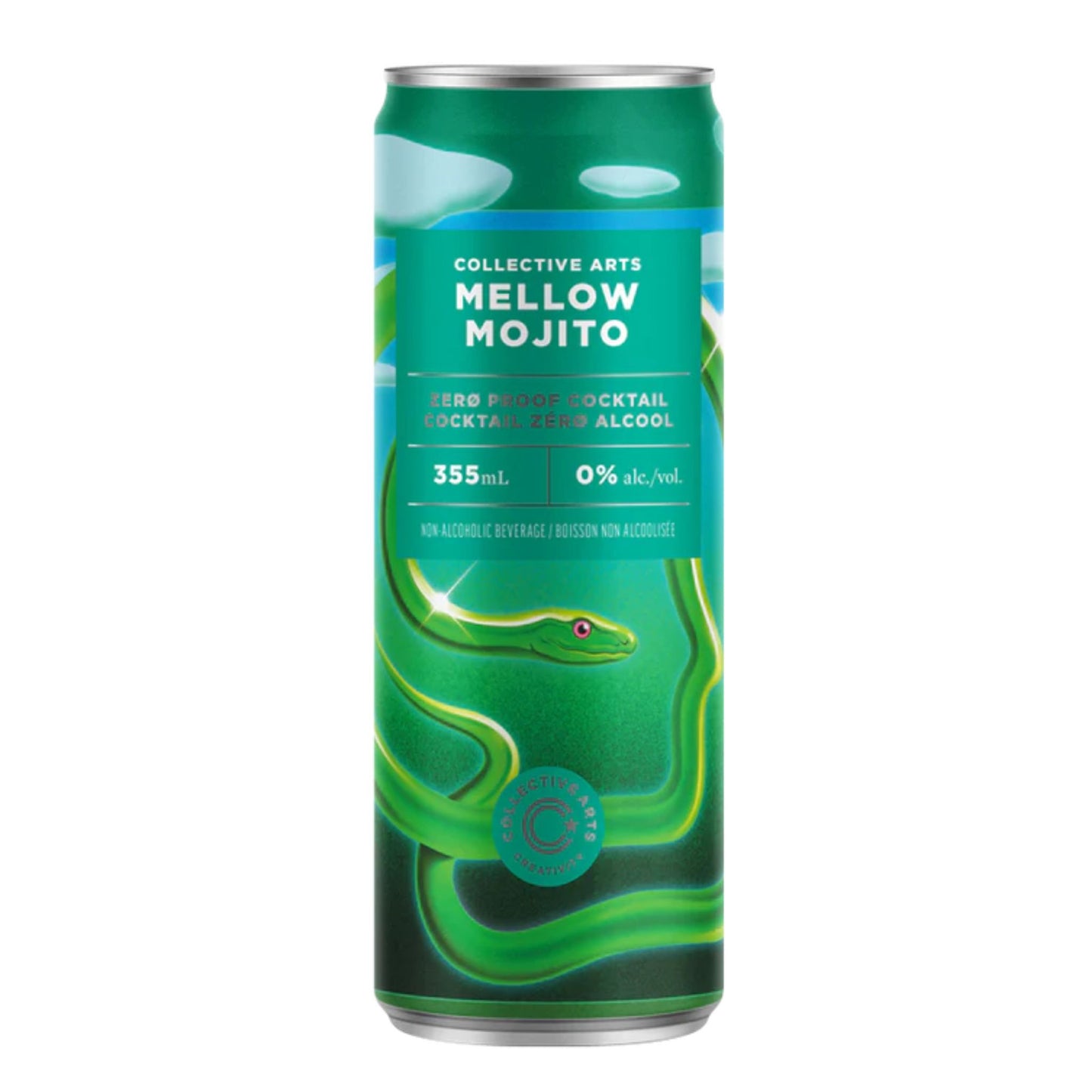 Front and back view of a Collective Arts Mellow Mojito Zero Proof Cocktail can. The green label features artwork by Kansas City artist Zac Thompson depicting a stylized green snake. Text details include "Sparkling Cocktail," "0% alc./vol," and the Nutrition Facts table showing 20 calories per can.