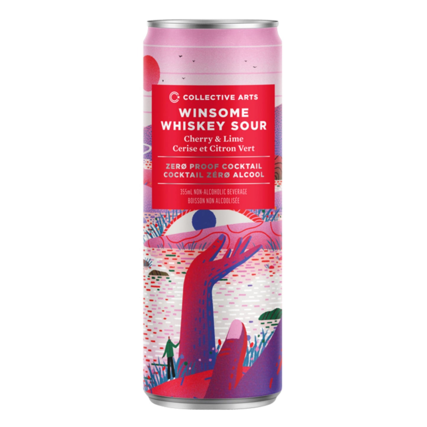 A pink and silver can of Collective Arts Winsome Whiskey Sour with a label featuring a stylized hand and landscape.