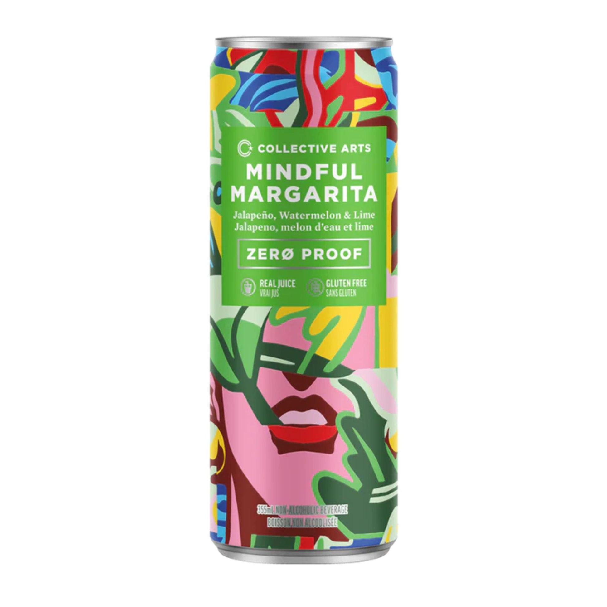 An aluminum can of Collective Arts Mindful Margarita, a non-alcoholic "Zero Proof" beverage, is displayed upright against a solid grey background. The can features vibrant abstract artwork with a prominent face, lips, and flowing hair in shades of pink, green, blue, yellow, and red. White letters against a green background state "COLLECTIVE ARTS" with their logo, "MINDFUL MARGARITA", and the flavor profile "Jalapeño, Watermelon & Lime". Below, "ZERØ PROOF", "REAL JUICE" and "GLUTEN FREE are highlighted.