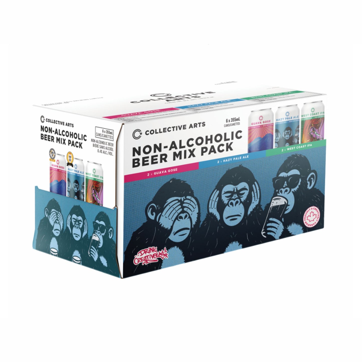 Box of Collective Arts Non-Alcoholic Beer Mix Pack with monkey graphic on a white background.