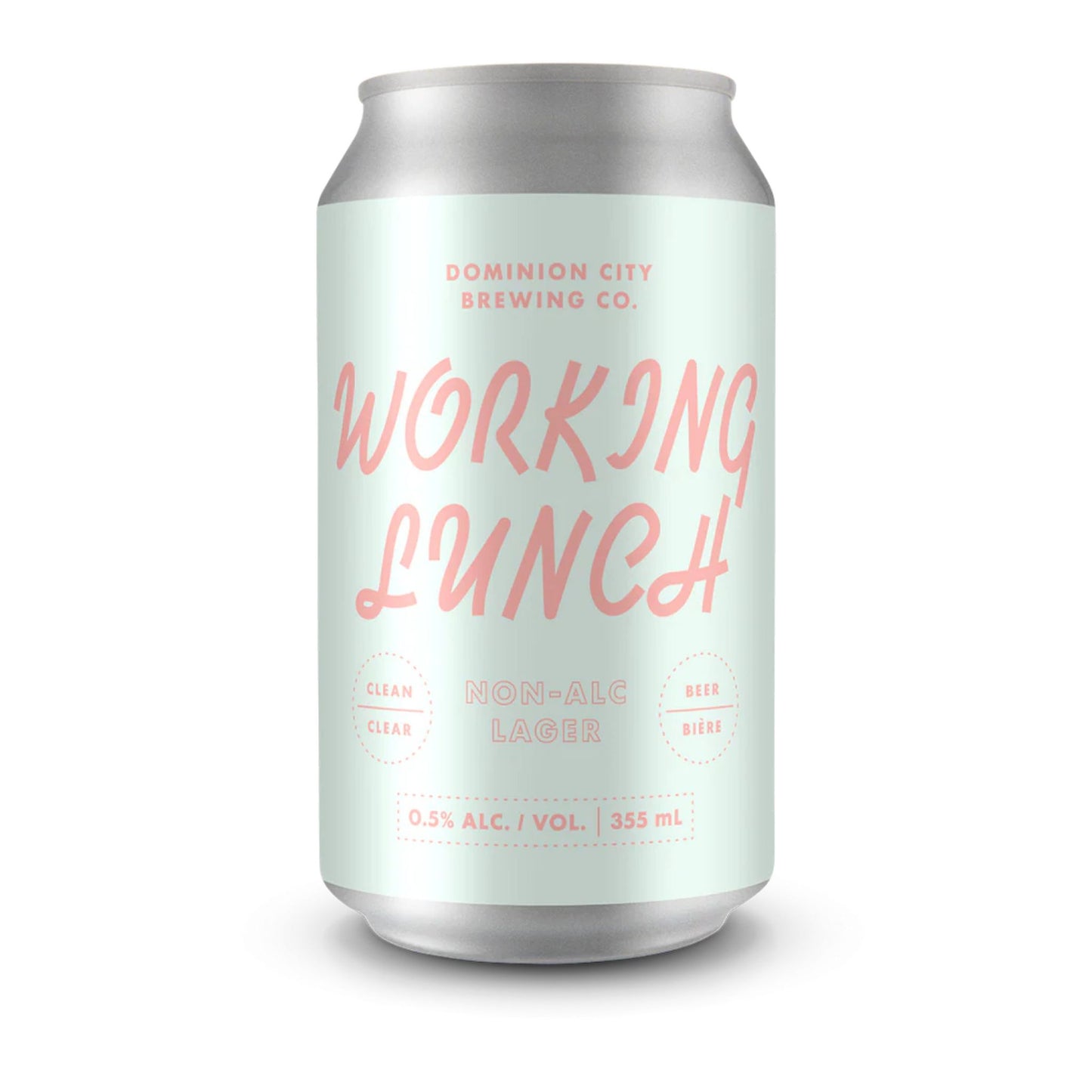 A close-up image of a silver beverage can featuring a light mint green label. The label reads "DOMINION CITY BREWING CO." in pink at the top, and "WORKING LUNCH" in a larger, stylized pink font below. Further down, it says "NON-ALC LAGER" in pink, with "CLEAN" and "CLEAR" on the left and "BEER" and "BIÈRE" on the right, all in smaller pink text within dashed circles. At the bottom of the label, "0.5% ALC. / VOL. | 355 mL" is printed. The background is a clean white, emphasizing the can.