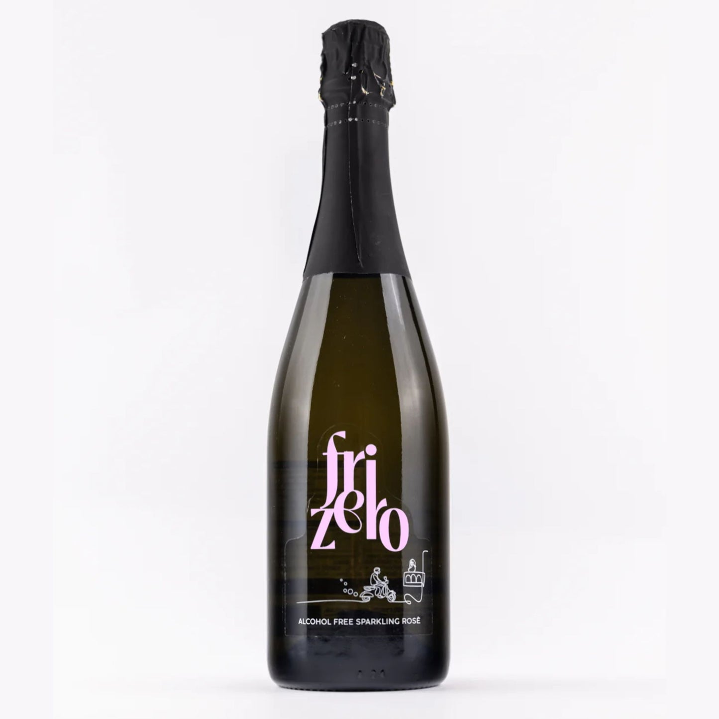 A front-facing view of a Frizero bottle, showing the light pink sparkling beverage, a black cap, and a white label with the brand name "Frizero" in pink and the text "ALCOHOL FREE SPARKLING ROSÉ".