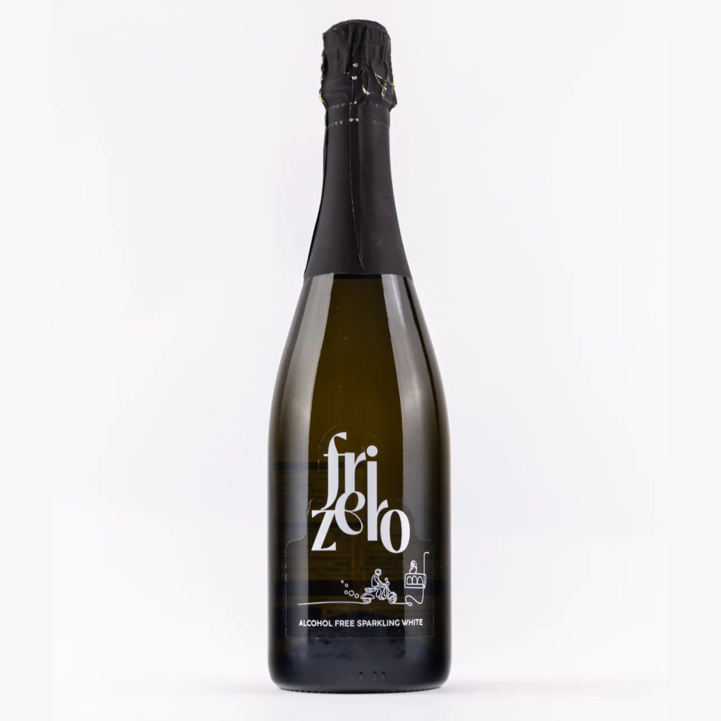 A front-facing view of a Frizero bottle, showing the light-colored sparkling beverage, a black cap, and a white label with the brand name "Frizero" and the text "ALCOHOL FREE SPARKLING WHITE".
