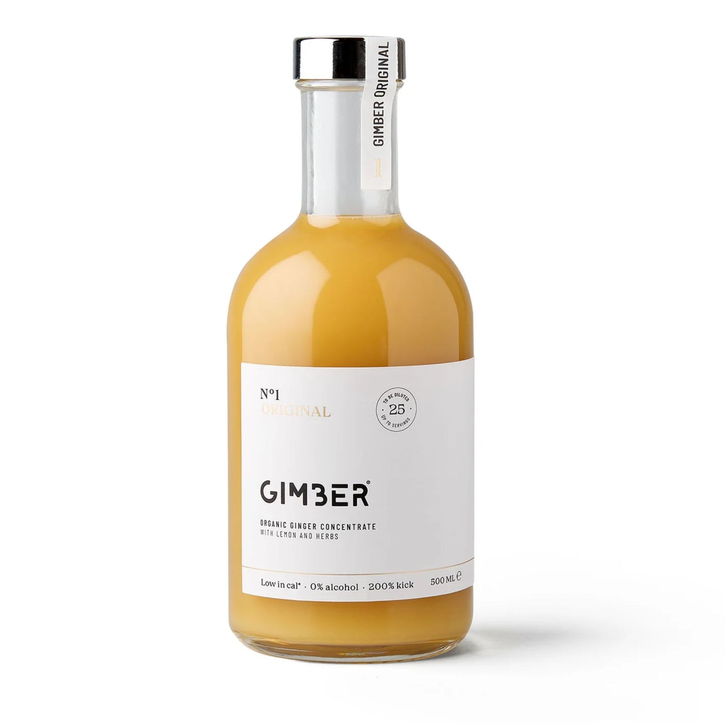 A 500mL glass bottle of GIMBER N°1 Original, an organic, non-alcoholic ginger concentrate with a bright, cloudy yellow color. The bottle features a metallic silver screw cap and a minimalist white label with bold black and gold text. The label highlights "GIMBER," "ORGANIC GINGER CONCENTRATE with LEMON and HERBS," and key features like "0% alcohol," "Low in cal," and "200% kick," emphasizing its strong, spicy ginger flavor for mocktails and mixers.
Available at Knyota non alcoholic drink in Ottawa.