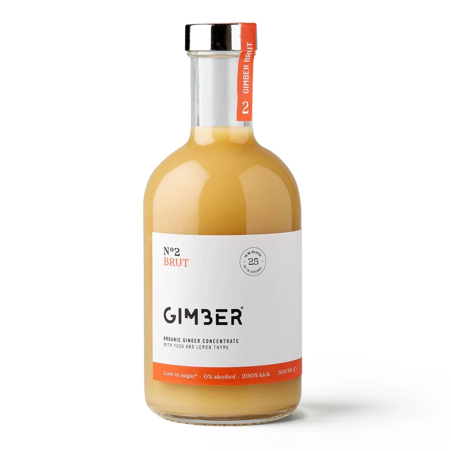 A 500mL glass bottle of GIMBER N°2 Brut, an organic ginger concentrate. The bottle contains a cloudy yellow liquid and has a silver screw cap. The minimalist white label features the bold text "GIMBER" and highlights that it is an "ORGANIC GINGER CONCENTRATE WITH YUZU AND LEMON THYME." An orange strip at the bottom notes "Low in sugar*", "0% alcohol," and "200% kick," indicating a less sweet, punchy flavor profile.
Available at Knyota Non Alcoholic Drink in Ottawa.