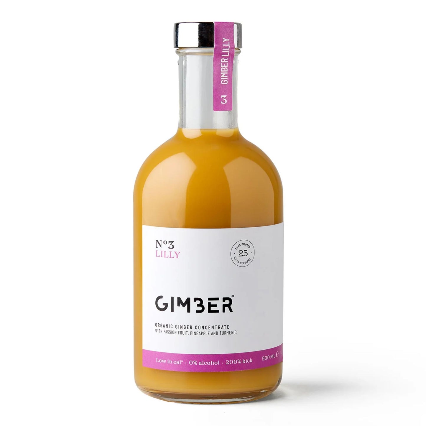 A 500mL glass bottle of GIMBER N°3 Sweet Lilly, an organic, non-alcoholic ginger concentrate. The bottle contains a sunny orange-yellow liquid and has a silver screw cap with a bright magenta neck label. The prominent white label features the text "GIMBER" and highlights that it is an "ORGANIC GINGER CONCENTRATE WITH PASSION FRUIT, PINEAPPLE AND TURMERIC." A magenta strip at the bottom notes "Low in cal," "0% alcohol," and "200% kick," indicating a tropical, sweeter flavor profile.*
Available at Knyota