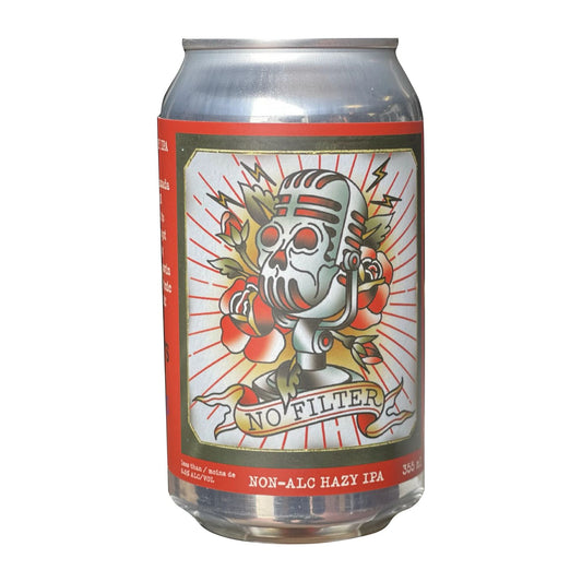 A close-up image of a beverage can featuring a rockabilly-style label. The label has a red border with white radiating lines in the background. A central image depicts a stylized microphone stand with a skull as the microphone head, surrounded by red roses and lightning bolts. A banner below the microphone reads "NO FILTER". Below this design, "NON-ALC HAZY IPA" is written, and partially visible text on the left indicates "Less than / moins de 0.5% alc./vol." along with "355ml". The background is white.