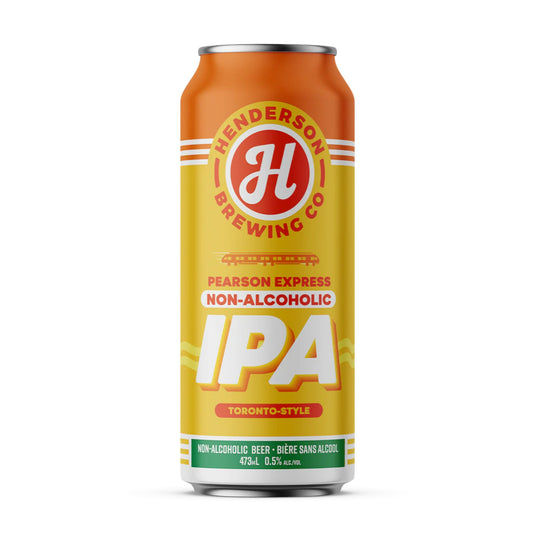 A vibrant yellow beverage can with an orange top and bottom. The label features a circular "HENDERSON BREWING CO." logo in red and white at the top. Below the logo, a red graphic of a train is depicted, with "PEARSON EXPRESS" in red text underneath. "NON-ALCOHOLIC" is prominently displayed, followed by a large white "IPA" with yellow highlights and "TORONTO-STYLE" below it. The bottom of the can includes green stripes and text reading "NON-ALCOHOLIC BEER • BIÈRE SANS ALCOOL" and "473mL 0.5% ALC./VOL.".