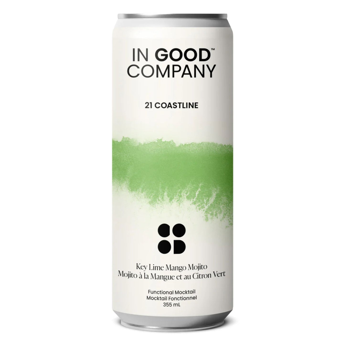 A silver beverage can of In Good Company Key Lime Mango Mojito. The can has a clean, white label with a bold, green, paint-stroke design in the middle. The label reads "IN GOOD COMPANY" at the top. Below the green design, "Key Lime Mango Mojito" and "Mojito Ă la Mangue et au Citron Vert" are written. "Functional Mocktail," "Mocktail Fonctionnel," and "355 mL" are also visible at the bottom. The can is set against a white background.
