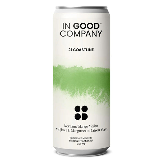 A silver beverage can of In Good Company Key Lime Mango Mojito. The can has a clean, white label with a bold, green, paint-stroke design in the middle. The label reads "IN GOOD COMPANY" at the top. Below the green design, "Key Lime Mango Mojito" and "Mojito à la Mangue et au Citron Vert" are written. "Functional Mocktail," "Mocktail Fonctionnel," and "355 mL" are also visible at the bottom. The can is set against a white background.
