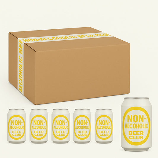 A brown cardboard box with a white and yellow printed packaging tape labeled "NON-ALCOHOLIC BEER CLUB" sits behind six individual white aluminum cans, each also labeled "NON-ALCOHOLIC BEER CLUB" with a yellow oval design.