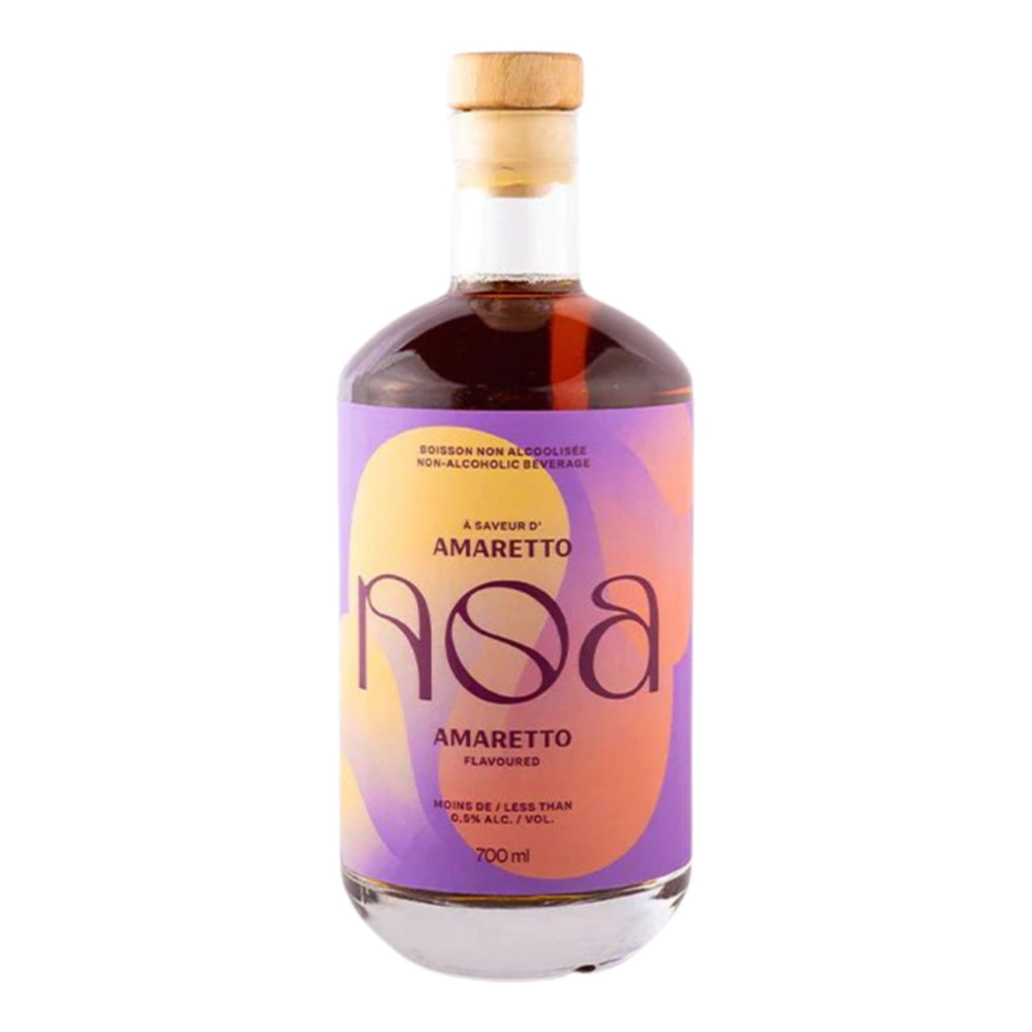 A front-facing view of a NOA Non-Alcoholic Amaretto bottle, showing the dark liquid, a wooden cap, and a label with purple and orange accents, stating "Amaretto Flavoured" and "0.5% alc/vol."