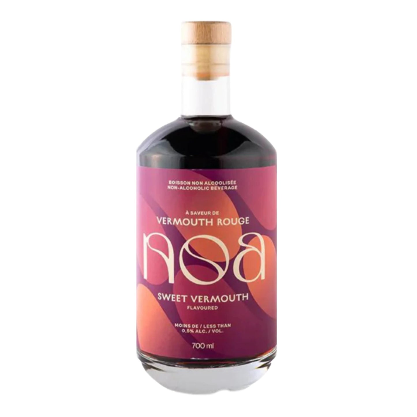 A front-facing view of a NOA Non-Alcoholic Sweet Vermouth bottle, showing the dark liquid, a wooden cap, and a label with purple and orange accents, stating "Sweet Vermouth Flavoured" and "0.5% alc/vol."