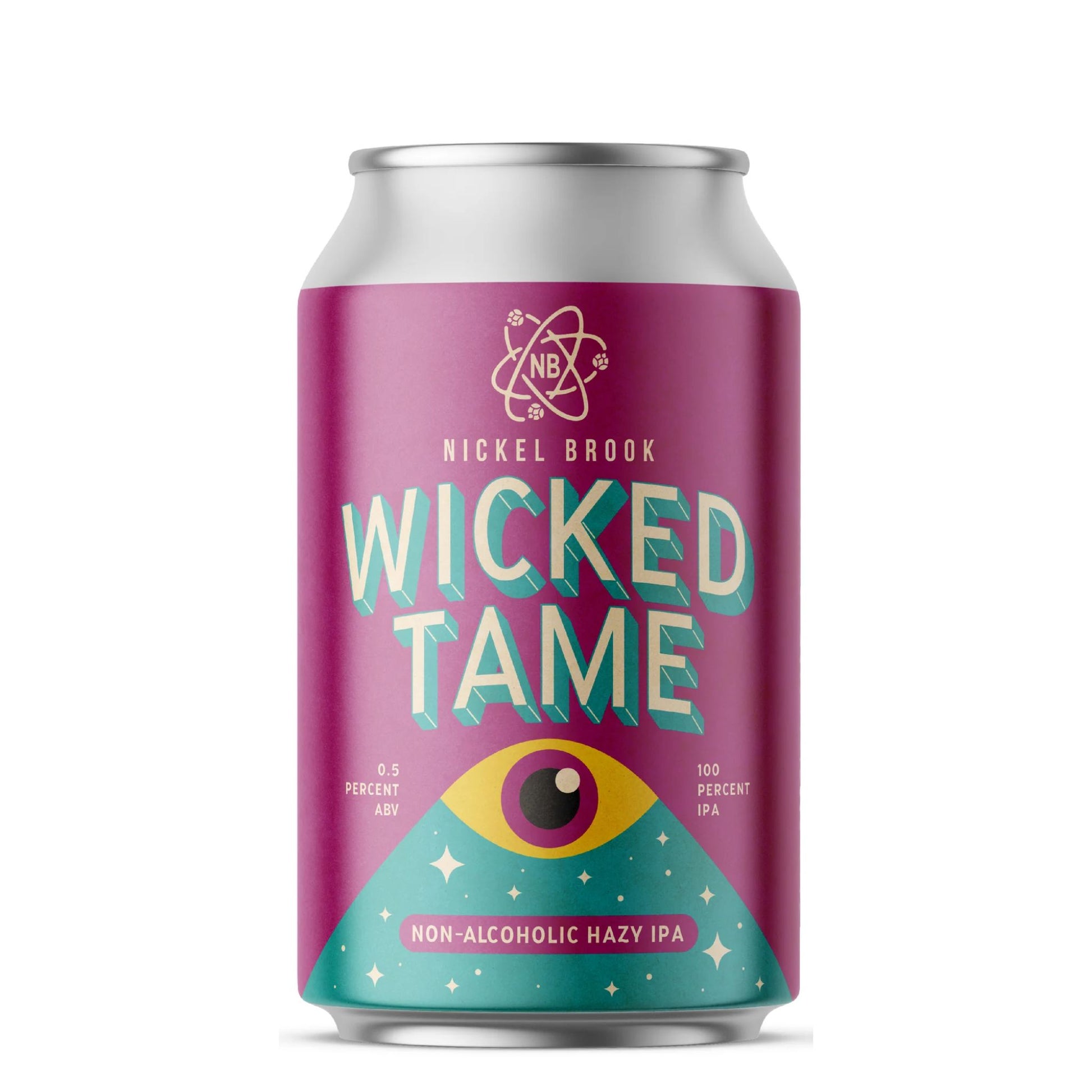 A close-up image of a vibrant purple beverage can. The top features a "NB" logo with an atom symbol and "NICKEL BROOK" below. The words "WICKED TAME" are prominently displayed in a bold, light blue font. Towards the bottom, a large eye graphic is visible in a blue and yellow design, with white stars scattered around it. Text on the can indicates "0.5 PERCENT ABV" and "100 PERCENT IPA", along with "NON-ALCOHOLIC HAZY IPA". The background is white.