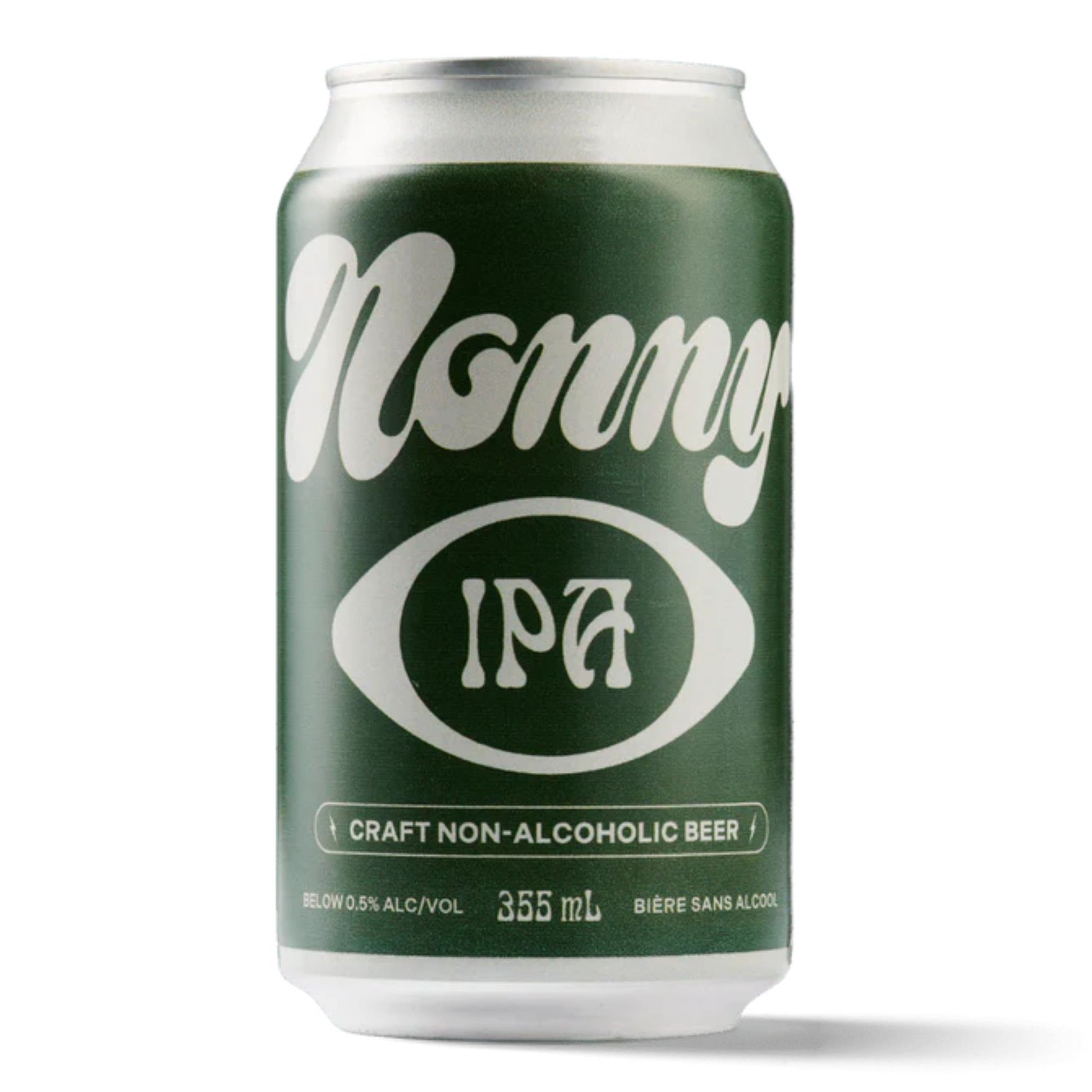 A dark green can of Nonny IPA non-alcoholic craft beer. The can features a stylized white script font with "Nonny" at the top and "IPA" inside a white oval below. The text "CRAFT NON-ALCOHOLIC BEER" is printed in white at the bottom, along with "BELOW 0.5% ALC/VOL," "355 mL," and "BIÈRE SANS ALCOOL." The background is white.