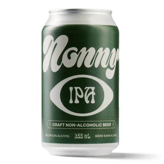 A dark green can of Nonny IPA non-alcoholic craft beer. The can features a stylized white script font with "Nonny" at the top and "IPA" inside a white oval below. The text "CRAFT NON-ALCOHOLIC BEER" is printed in white at the bottom, along with "BELOW 0.5% ALC/VOL," "355 mL," and "BIÈRE SANS ALCOOL." The background is white.