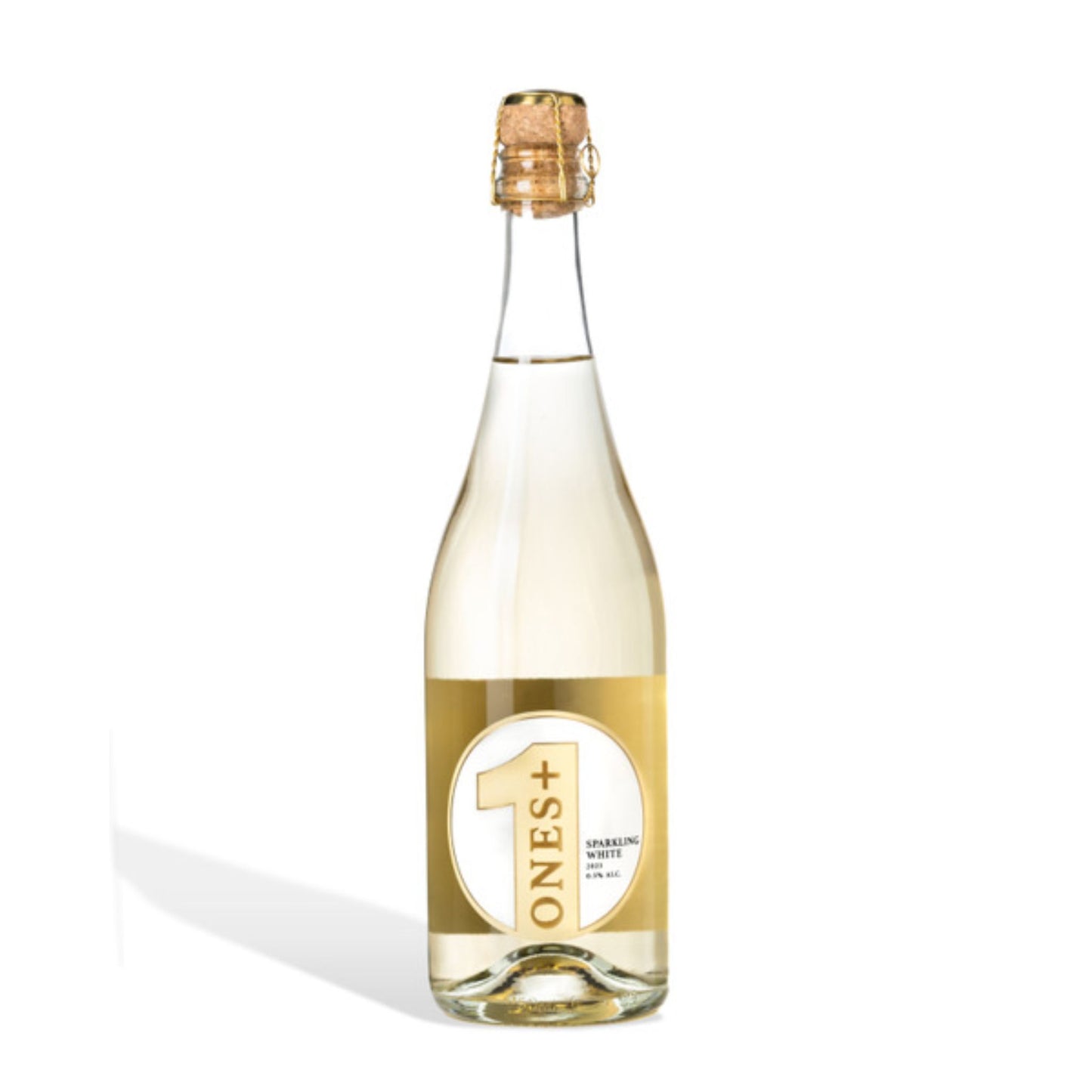Bottle of Ones+ sparkling white wine on a white background
