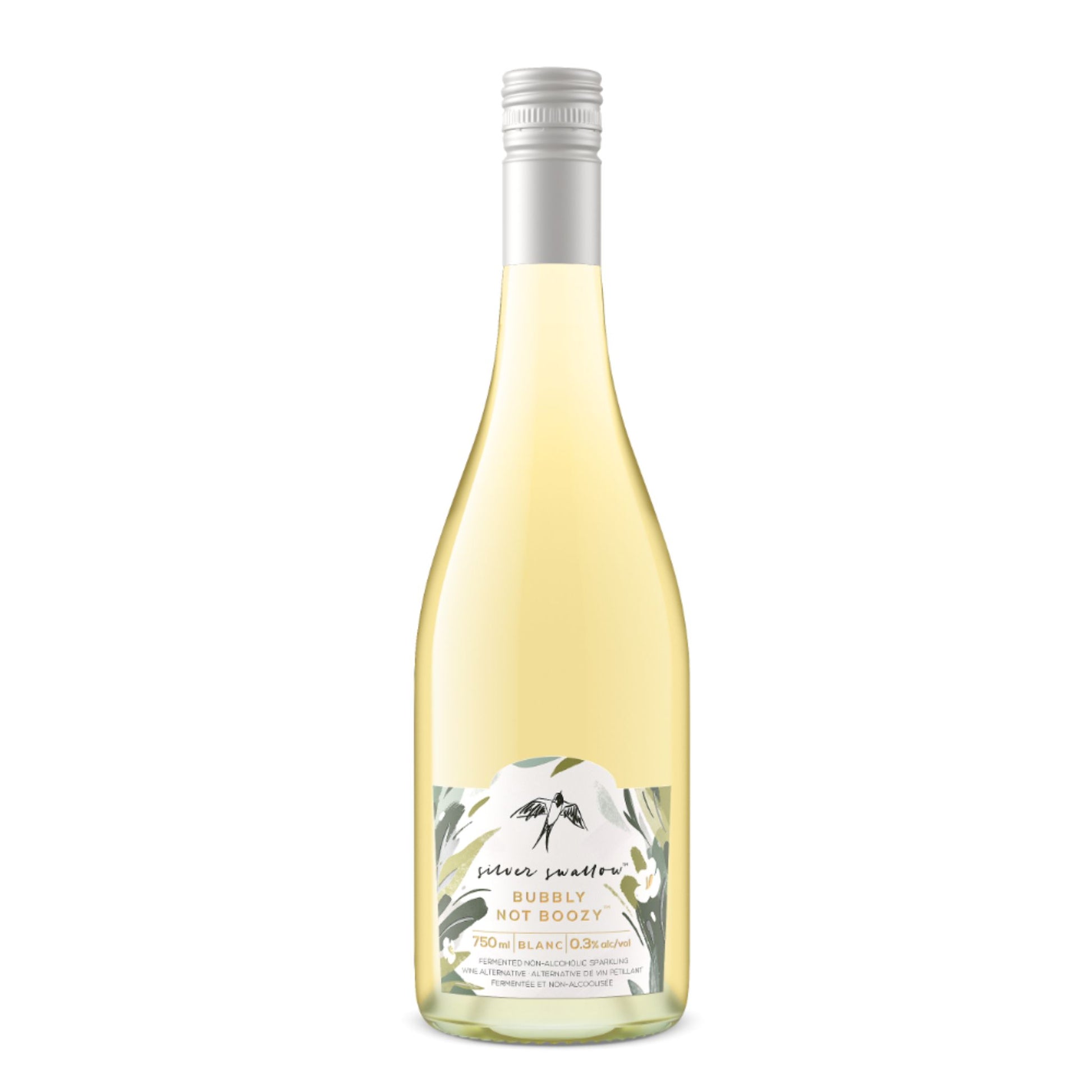A 750ml bottle of Silver Swallow Bubbly Not Boozy, a fermented non-alcoholic sparkling wine. The bottle is white with a silver label featuring the Silver Swallow logo and text. The label also states that it is an "alternative to wine" and has 0.3% alcohol by volume.