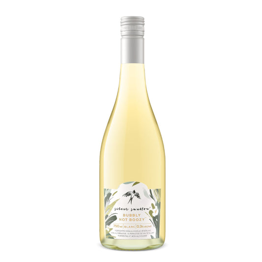 A 750ml bottle of Silver Swallow Bubbly Not Boozy, a fermented non-alcoholic sparkling wine. The bottle is white with a silver label featuring the Silver Swallow logo and text. The label also states that it is an "alternative to wine" and has 0.3% alcohol by volume.
