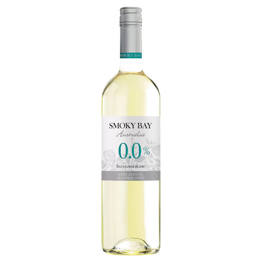 A front-facing view of a Smoky Bay 0.0% Sauvignon Blanc bottle, showing the light-colored non-alcoholic wine, a silver cap, and a white label with the brand name, "0.0%", Sauvignon Blanc grape varietal, and "alcohol-free" designation.