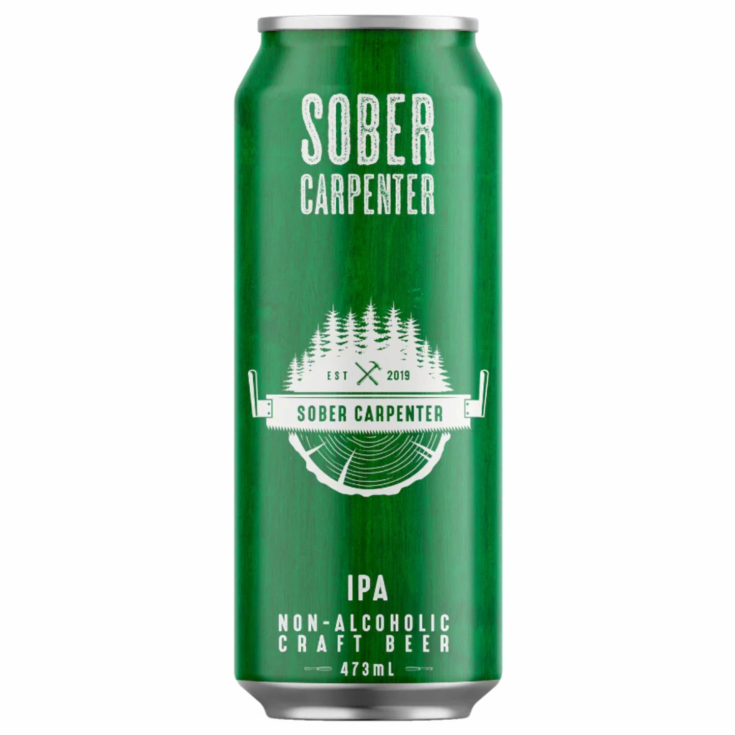 A photo of Sober Carpenter IPA being opened. Sober Carpenter IPA is available for sale at knyota.com.
A single tall 473ml can of Sober Carpenter IPA non-alcoholic craft beer, made in Quebec. The can has a deep, textured forest green color resembling woodgrain. The white label text and logo are simple and prominent, featuring the name "SOBER CARPENTER," and a central graphic of a forest over a saw blade and woodcut. The product is clearly identified as "IPA NON-ALCOHOLIC CRAFT BEER."