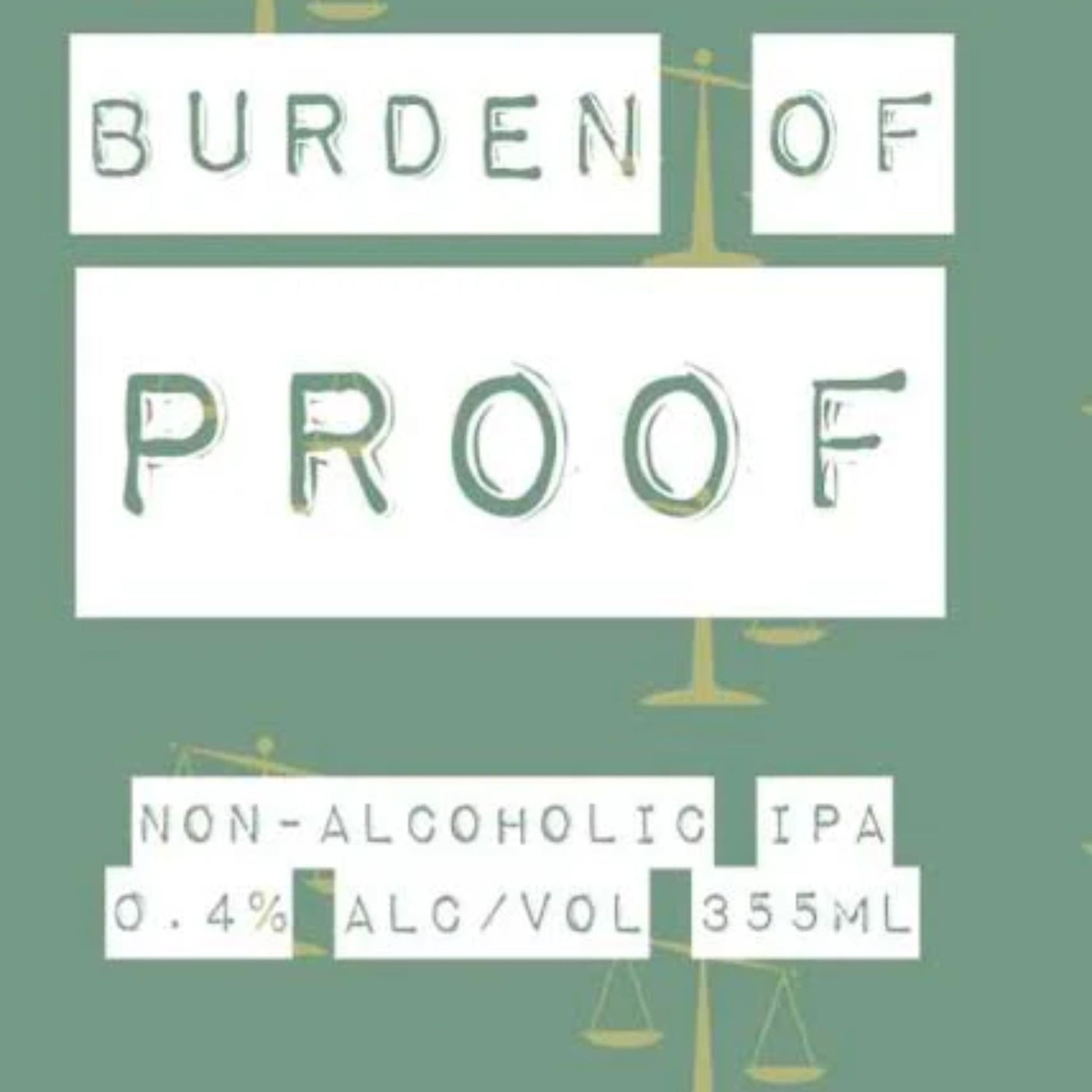 Stray Dog Brewing Company Burden of Proof Non-Alcoholic IPA can label. The design is a muted sage green and features the brand name, dog logo, and balancing scales imagery. The text clearly shows the product is a Non-Alcoholic IPA with 0.4% ALC/VOL in a 355mL can.