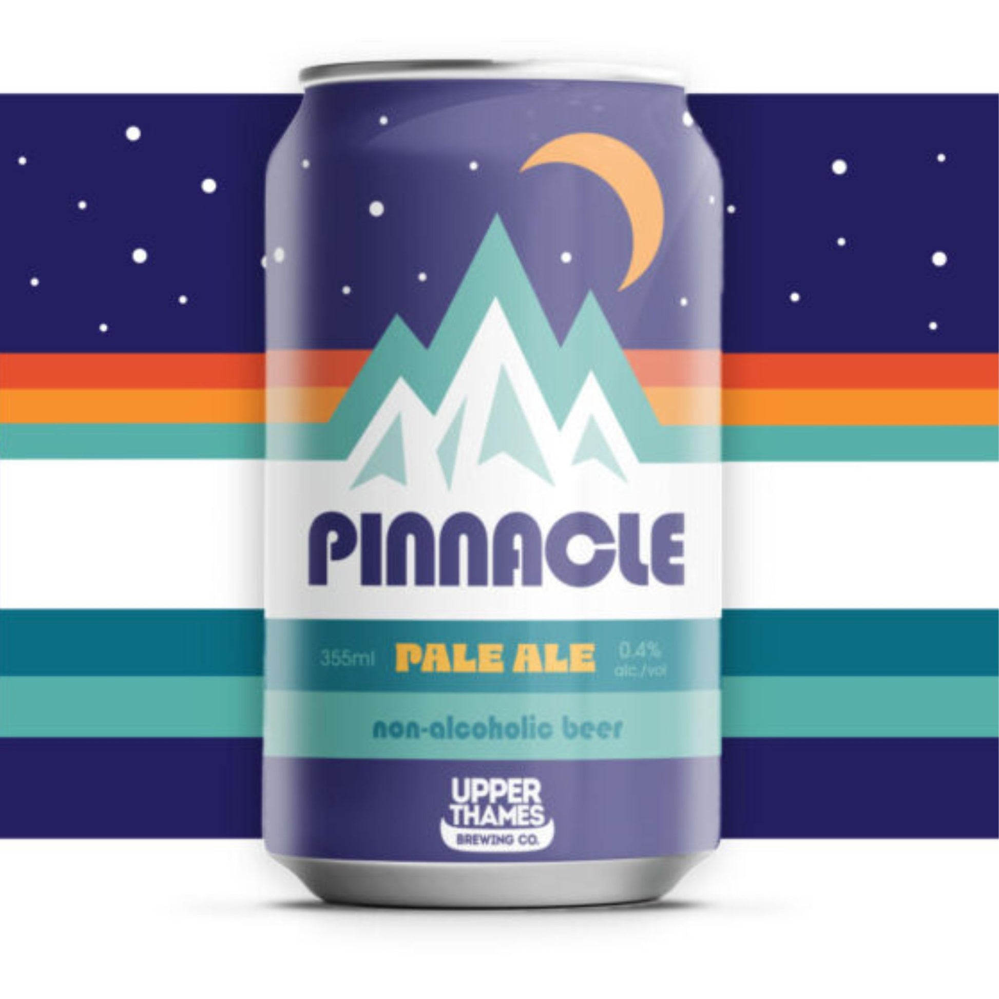 A purple beverage can with a night sky design. The label features a mountain range in white and light blue, with a crescent moon in orange above it. "PINNACLE" is written in white capital letters below the mountains. Underneath, "355ml" and "0.4% alc./vol." flank "PALE ALE" in orange. The text "non-alcoholic beer" is centered below. The can also displays "UPPER THAMES BREWING CO." at the bottom. The background consists of horizontal stripes in shades of blue, orange, and white.