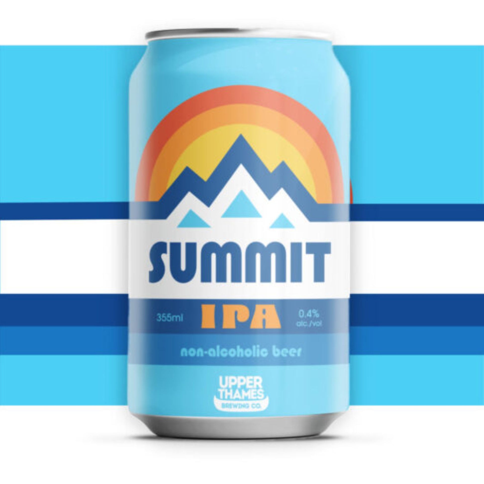 A bright blue beverage can featuring a white band with a mountain range logo in shades of blue. Above the mountains, a colorful arc in red, orange, and yellow suggests a sunset or rainbow. The word "SUMMIT" is prominently displayed in white capital letters. Below the mountains, "355ml" and "0.4% alc./vol." are written on either side of a large orange "IPA". Underneath, it states "non-alcoholic beer" and "UPPER THAMES BREWING CO.". The background features horizontal stripes of light and dark blue.