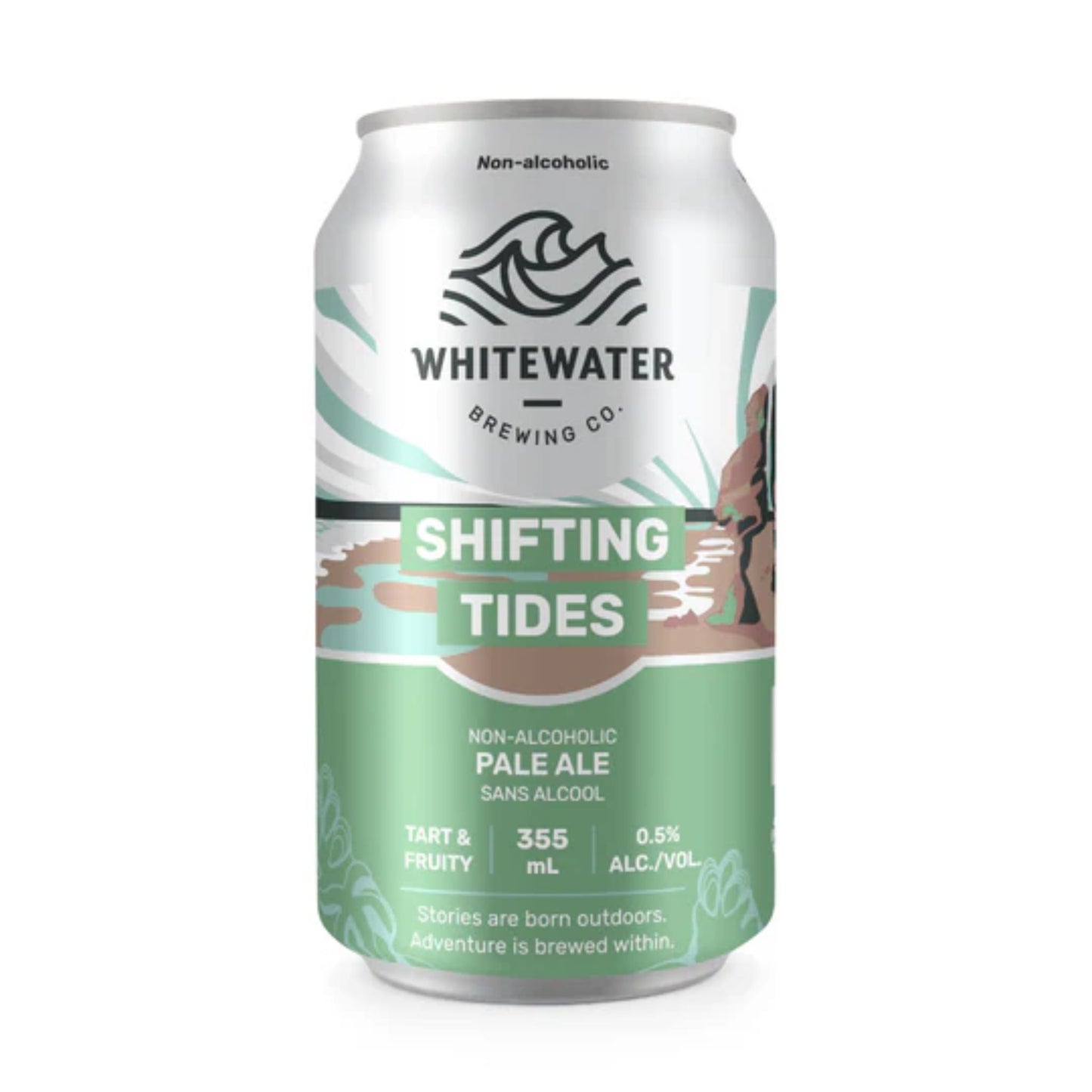 A silver can with a green label featuring the Whitewater Brewing Co. logo. The label also says "Shifting Tides," "Non-Alcoholic Pale Ale," and "Tart & Fruity." The can size is 355 mL and the alcohol content is 0.5% ABV. The tagline reads, "Stories are born outdoors. Adventure is brewed within."
