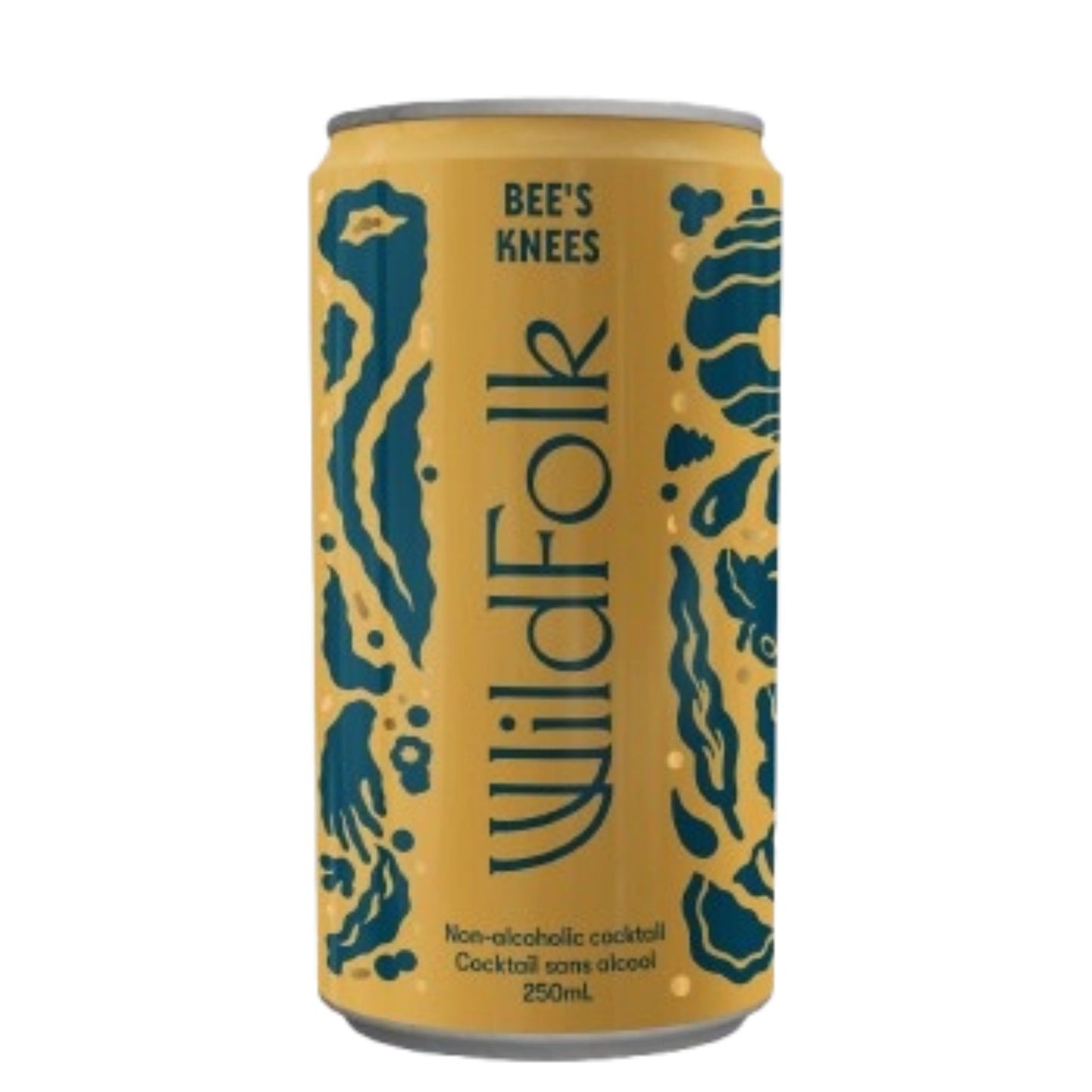 A front-facing view of a Wild Folk Bee's Knees can, showing the brand name "Wild Folk" in a stylized font, the product name "Bee's Knees," and abstract dark blue illustrations against a yellow background.