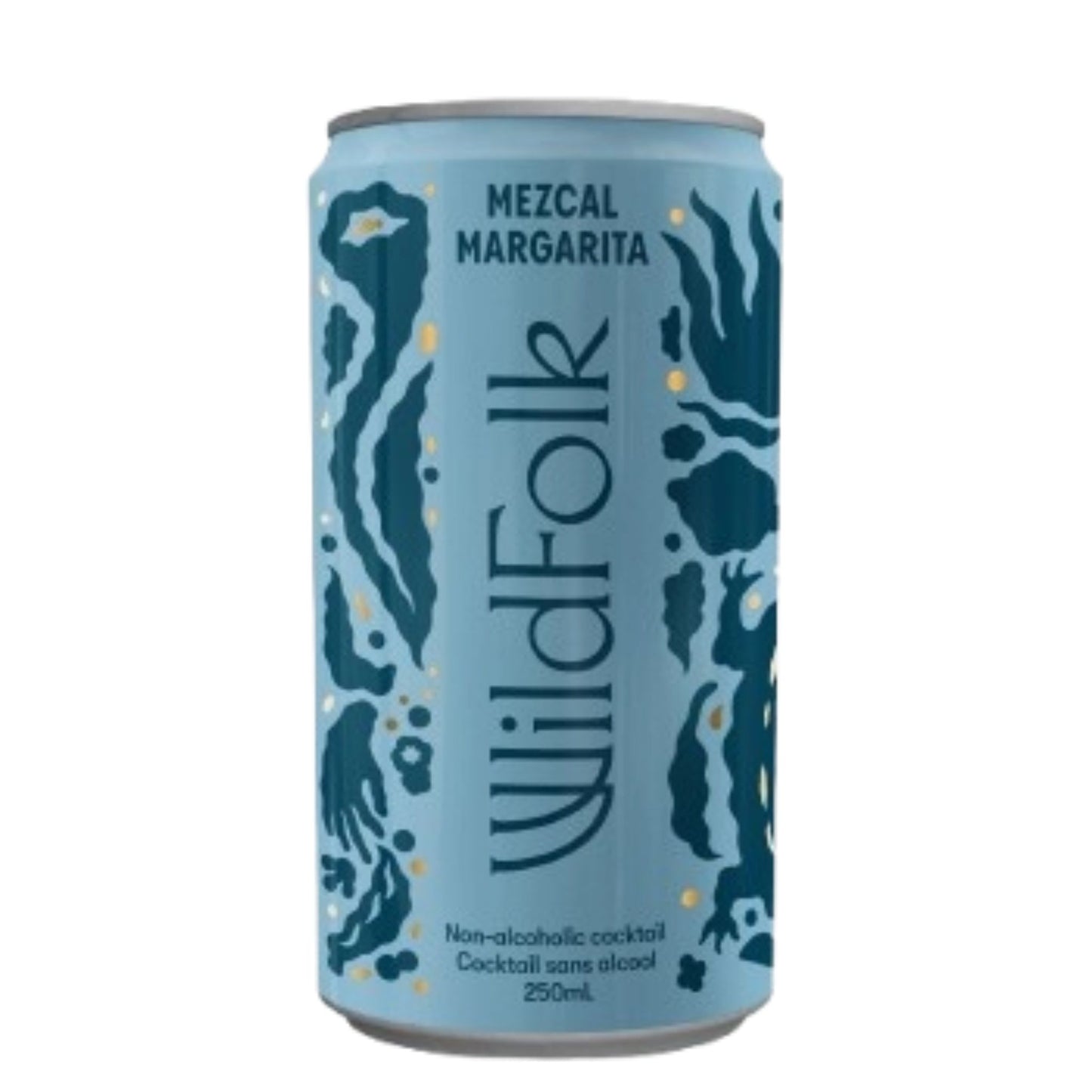 A front-facing view of a Wild Folk Mezcal Margarita can, showing the brand name "Wild Folk" in a stylized font, the product name "Mezcal Margarita," and abstract dark blue illustrations against a light blue background.