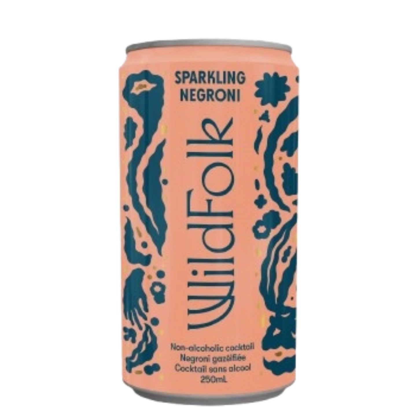 A front-facing view of a Wild Folk Sparkling Negroni can, showing the brand name "Wild Folk" in a stylized font, the product name "Sparkling Negroni," and abstract dark blue illustrations against a light orange background.