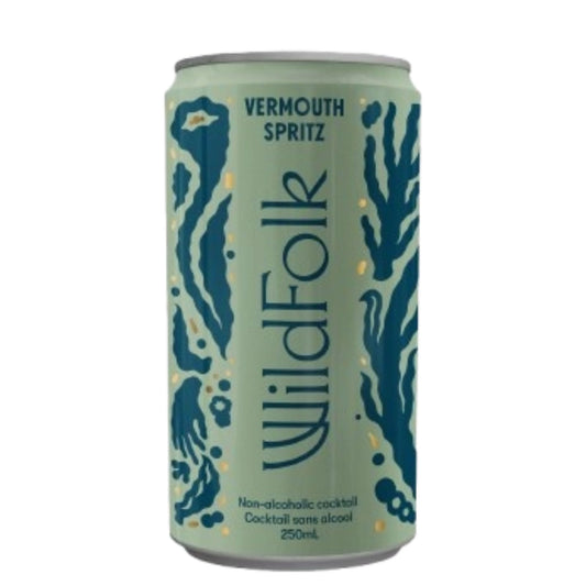 A front-facing view of a Wild Folk Vermouth Spritz can, showing the brand name "Wild Folk" in a stylized font, the product name "Vermouth Spritz," and abstract dark green illustrations against a light green background.