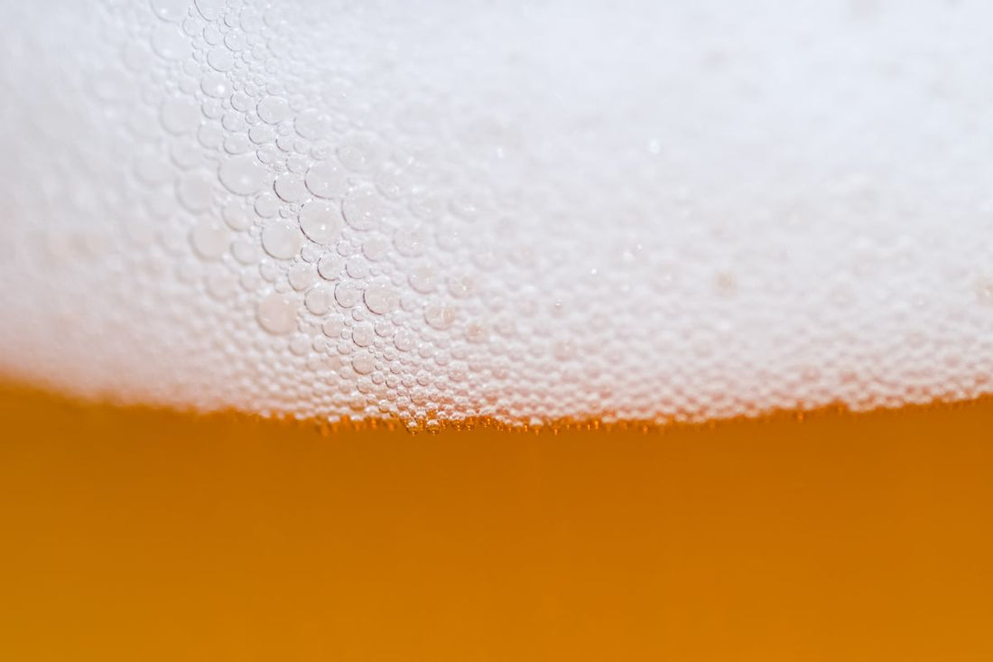 A macro photo of a non-alcoholic beer head with tiny bubbles. The non-alcoholic IPA head is a creamy white color and the non-alcoholic beer beneath is a golden yellow.