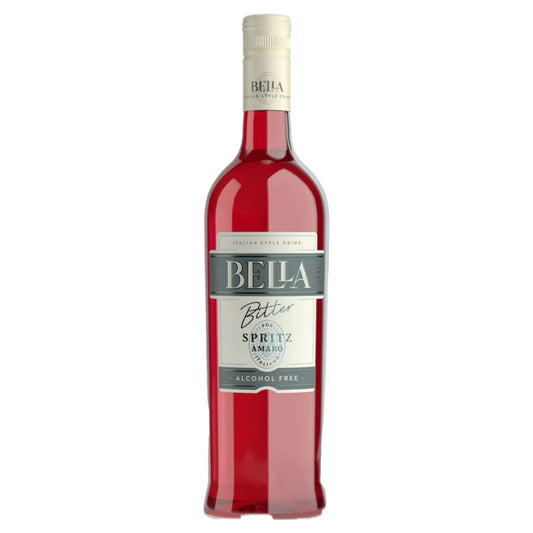 A tall, elegant bottle of Bella Bitter Spritz Amaro Italiano Non-Alcoholic Italian Style Drink stands vertically against a clean white background. The bottle is filled with a vibrant, translucent deep red liquid, reminiscent of a classic Italian aperitivo. The main label features a sophisticated design: a dark grey horizontal bar at the top with "ITALIAN STYLE DRINKS" in white text, followed by "BELLA" in large, bold white letters on a light grey background.